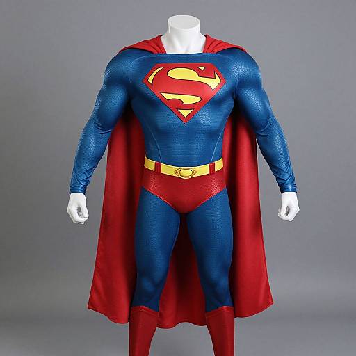 Photograph of a life-sized, headless mannequin wearing a detailed Superman costume with blue textured suit, red trunks, yellow belt, red