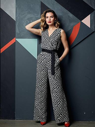 Fashion Model in Geometric Print Jumpsuit