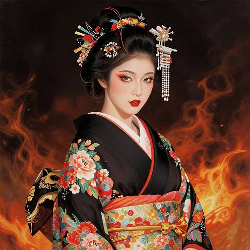 Digital art of a beautiful Asian woman with pale skin, red lips, black hair in an ornate floral hairpin, wearing a colorful, floral-pattern