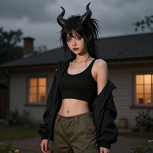 Photograph of a young woman with black horns, wet black hair, black crop top, olive pants, and open jacket, standing in front of a