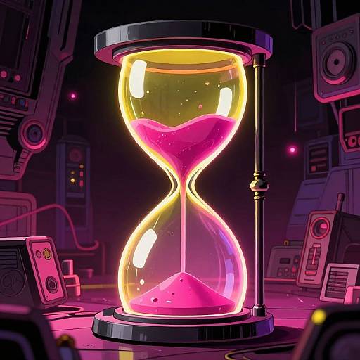 Neon-lit hourglass with glowing pink sand in a futuristic, tech-filled setting. Bright yellow light highlights the sand, surrounded by dark, intricate