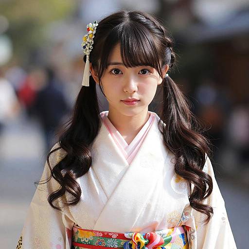Photograph of an Asian woman with long, wavy black hair in twintails, wearing a white kimono with pink trim, floral obi