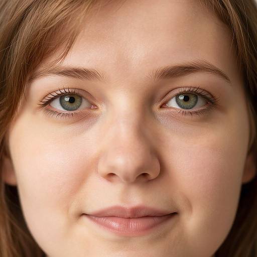 Close-up photograph of a young woman with fair skin, blue eyes, light brown hair, and a gentle smile, set against a neutral background.