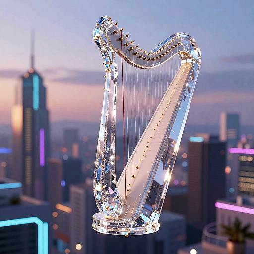 Photograph of a glowing, illuminated crystal harp against a twilight city skyline with illuminated skyscrapers and neon lights.