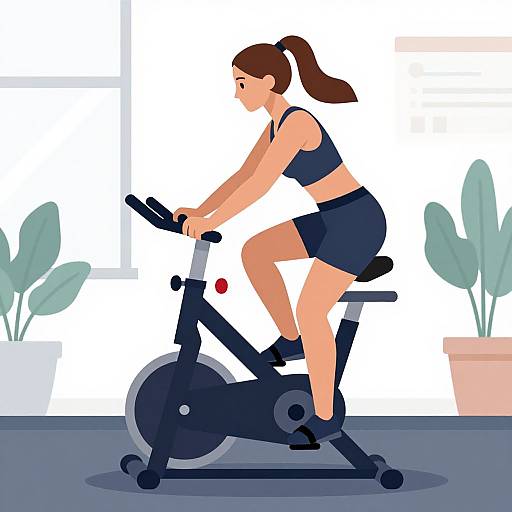 Illustration of a brown-haired woman in a black sports bra and shorts cycling indoors, with potted plants in the background.