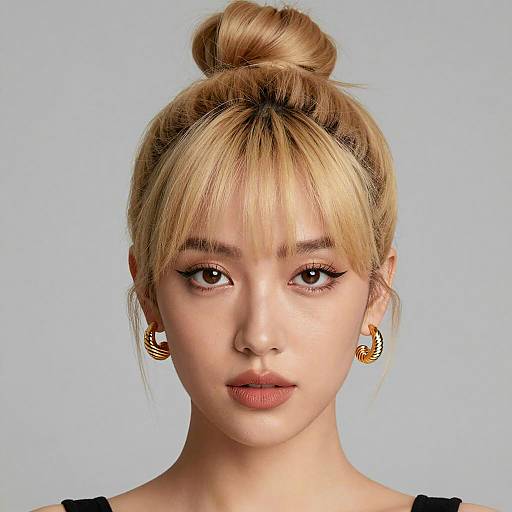 Blonde Woman with Top Bun and Gold Earrings