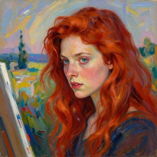 Impressionist-style painting of a fair-skinned woman with vibrant red, wavy hair, blue eyes, and subtle makeup, gazing introspect