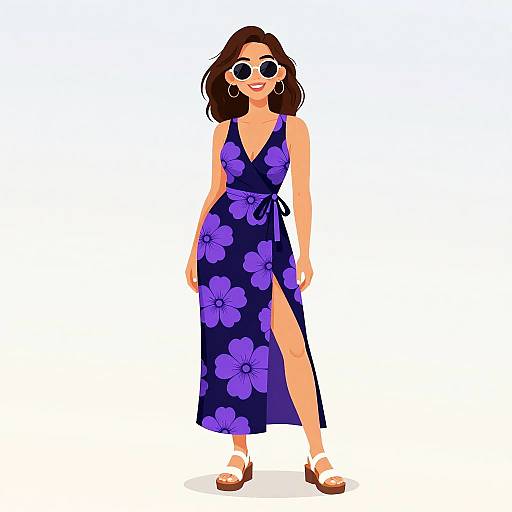 Digital illustration of a smiling woman with dark brown hair, wearing round sunglasses, a sleeveless purple floral wrap dress with a high slit, and brown sandals