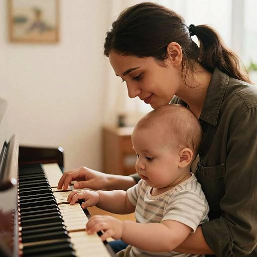 Tender Piano Lesson Between Woman and Baby