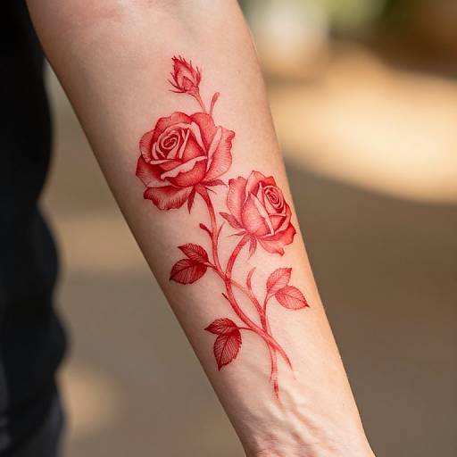 Photograph of a red rose tattoo on a pale arm, featuring detailed petals, leaves, and stems, with a blurred outdoor background.