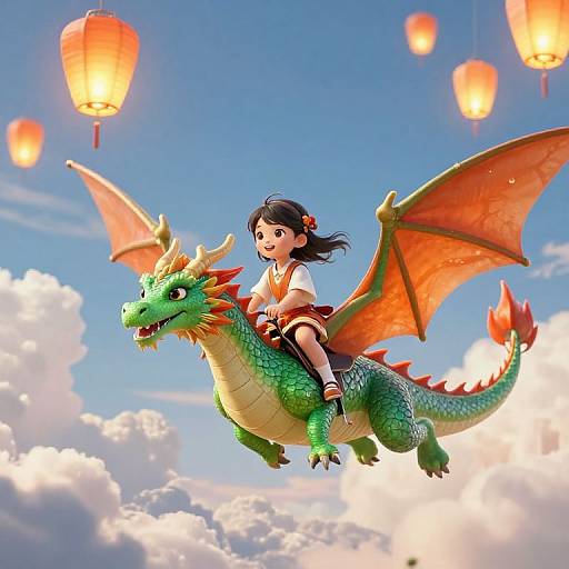 Digital illustration of an Asian girl with black hair riding a green dragon with orange wings, soaring amidst glowing paper lanterns against a bright blue sky with fluffy