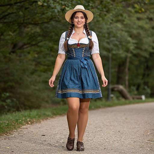 Photograph of a smiling young woman with long braids, wearing a blue dirndl dress, white blouse, straw hat, and brown shoes, walking