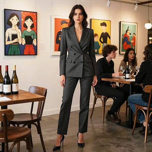 Photograph of a confident woman with wavy dark hair in a gray pinstripe suit, standing in a modern art gallery with colorful paintings, wooden