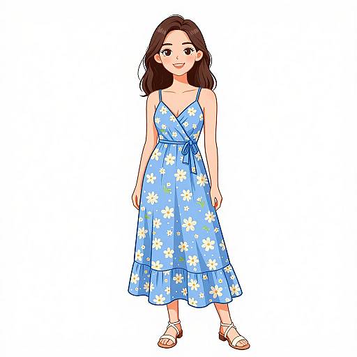 Digital illustration of a smiling young woman with fair skin, brown hair, wearing a blue floral sundress and brown sandals.