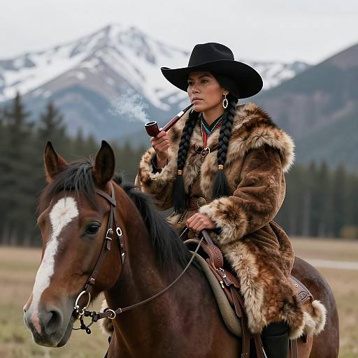 Focused Native American Woman on Horse