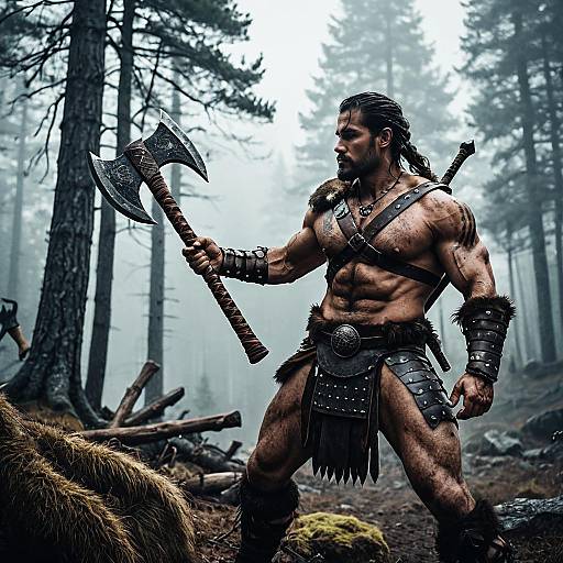 Stoic Barbarian in Misty Forest