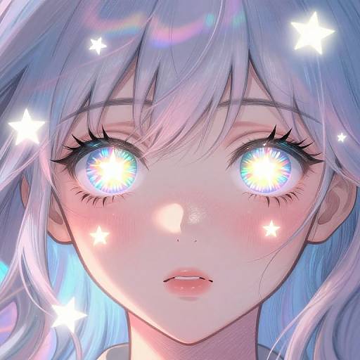 Digital anime-style portrait of a young girl with glowing blue and white starry eyes, pale skin, and long, wavy, silver hair. Her