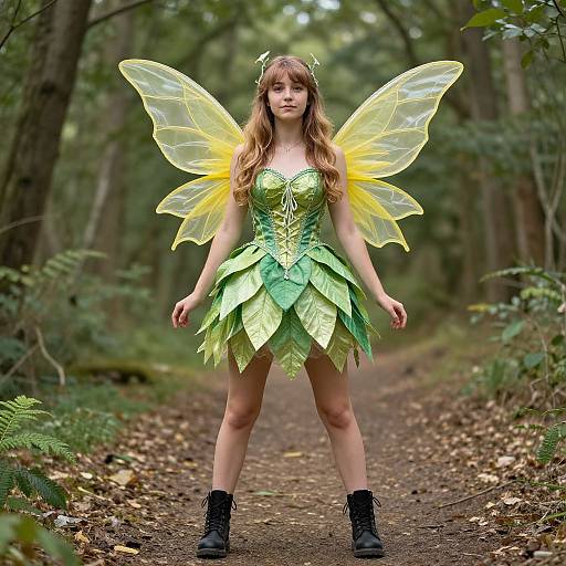 Photograph of a young woman with long brown hair, wearing a green leafy fairy dress and yellow translucent wings, standing on a forest path.