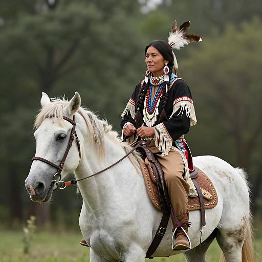 Native American Woman Riding White Horse
