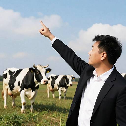 Focused Man Pointing Amid Floating Cows