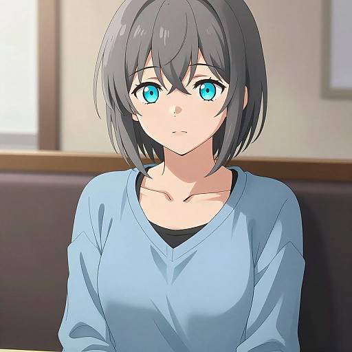Anime-style digital drawing of a young woman with short black hair, bright blue eyes, and a light blue V-neck sweater, sitting indoors.