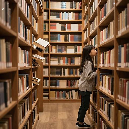 Photograph of a young Asian woman in a library, standing between tall wooden bookshelves, reaching for a book, with warm lighting and colorful sp