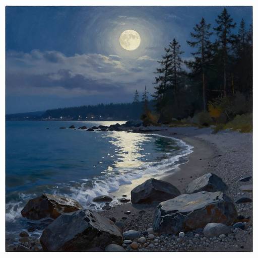 Photograph of a moonlit, rocky beach with tall pine trees, calm waves, and a bright full moon in a dark blue sky.
