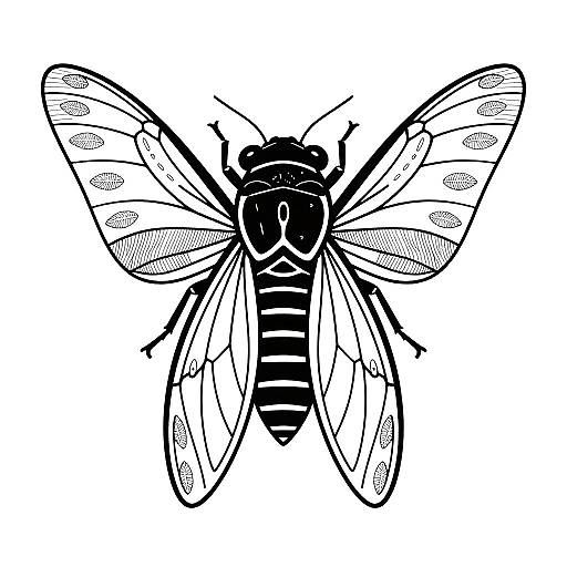 Black and white digital drawing of a detailed, symmetrical insect with large, patterned wings, and a striped abdomen.