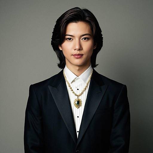 Young Man in Formal Black Suit with Necklace