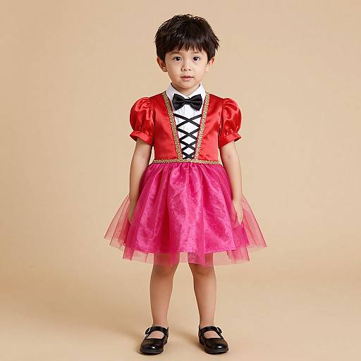 Photograph of an Asian toddler girl with short black hair, wearing a red satin dress with puffed sleeves, black lace-up front, pink tulle