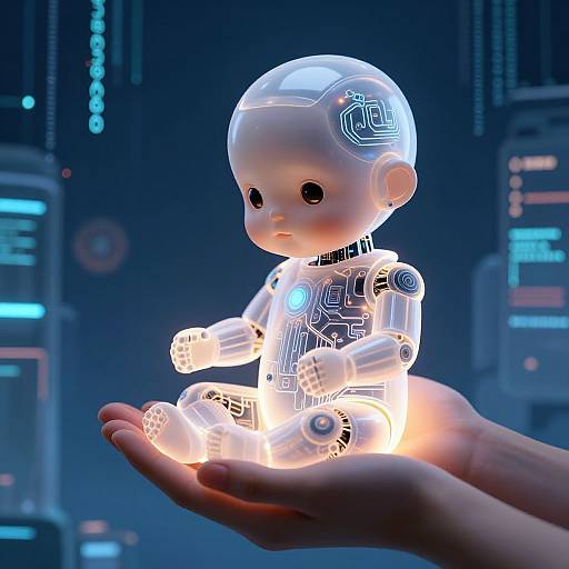 Digital CGI of a glowing, translucent, robotic baby with blue circuit patterns, held in a hand against a futuristic blue-lit background.