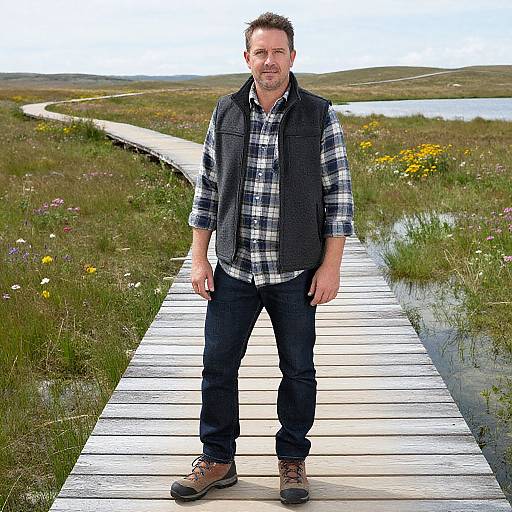 Photograph of a middle-aged man with short brown hair, wearing a plaid shirt, black vest, and dark jeans, standing on a wooden path