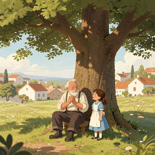 Digital illustration of an elderly man with white hair, wearing a white shirt and black pants, sitting under a large tree, beside a young girl in a