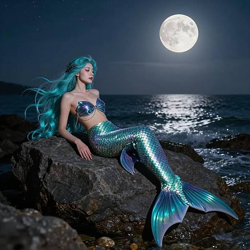 Mystical Mermaid on Moonlit Rocks