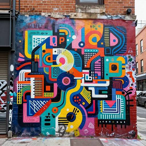 Vibrant urban graffiti mural on a brick wall, featuring a colorful, abstract, geometric pattern with bold shapes and neon hues.
