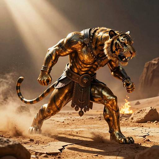 Digital artwork of a muscular, anthropomorphic tiger warrior in gladiator armor, roaring, with sunlight and dust in a rocky desert backdrop.