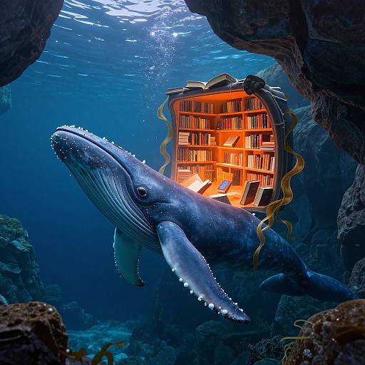 Photograph of a blue whale with textured skin swimming past an underwater book-filled lantern, illuminated in a rocky, oceanic cave.