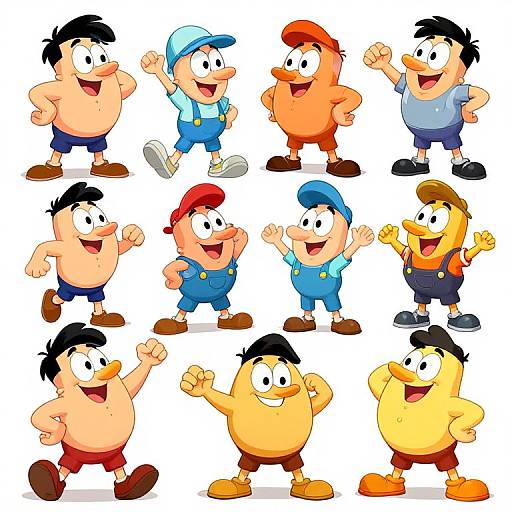 Colorful cartoon illustration of 12 cheerful, animated boys with various outfits and hats, standing in two rows on a white background.