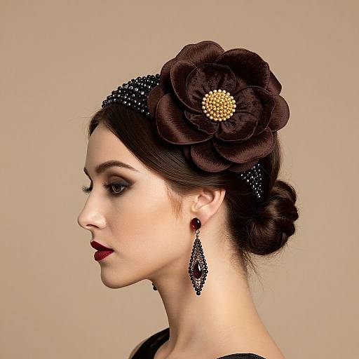 Photograph of a pale-skinned woman with dark hair in an elegant updo, adorned with a large black flower headpiece, wearing red lipstick and