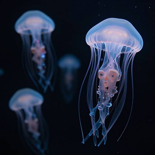 Photograph of three glowing blue jellyfish with translucent, undulating bell-shaped tops and long, flowing tentacles against a dark background.