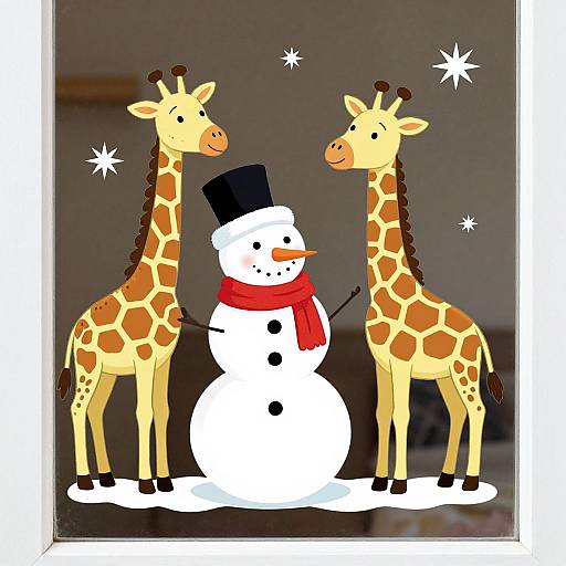Cartoon image of two giraffes standing beside a snowman with a black top hat and red scarf, surrounded by white stars.