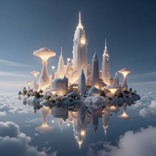 Photorealistic CGI of a futuristic cityscape floating on clouds at night, featuring glowing skyscrapers and bioluminescent mushroom-like structures, with