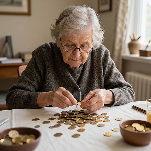 Photograph of an elderly woman with gray hair and glasses, wearing a dark sweater, counting coins on a white table.