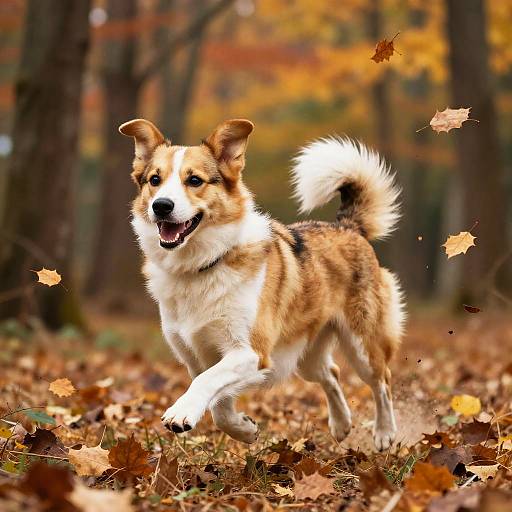 Photograph of a lively, tri-color Australian Shepherd dog with white, brown, and black fur, running through an autumn forest, surrounded by falling leaves