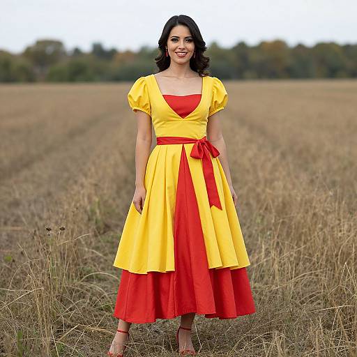 Photograph of a smiling woman with dark hair, wearing a yellow and red vintage-style dress, standing in a dry, grassy field.