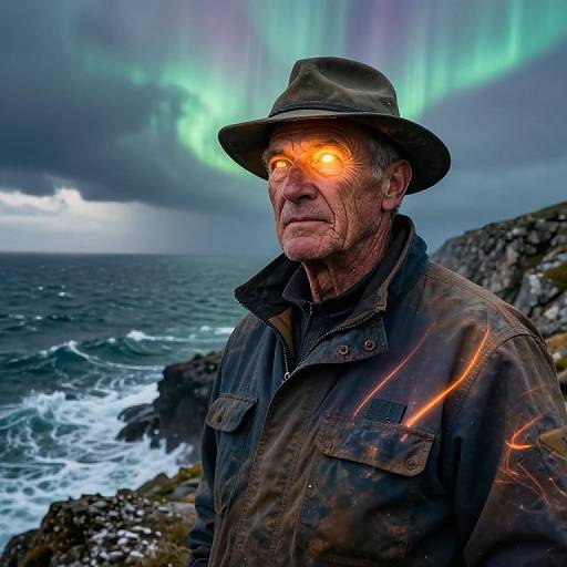 Photograph of an elderly man with glowing orange eyes, wearing a brown hat and jacket, standing by a rocky ocean shore under vibrant green auroras.