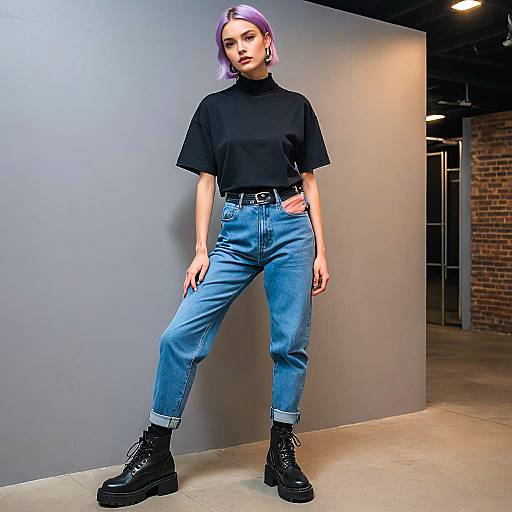 Young Non-Binary Person with Purple Hair in Casual Fashion