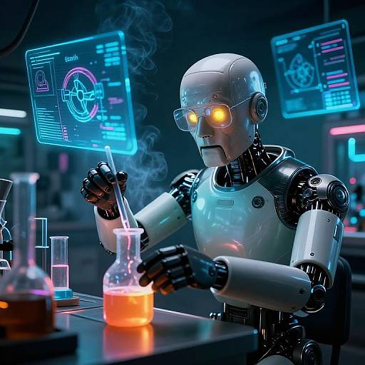 Photorealistic CGI of a glowing-eyed, silver robotic scientist mixing a neon orange liquid in a lab, surrounded by holographic screens.