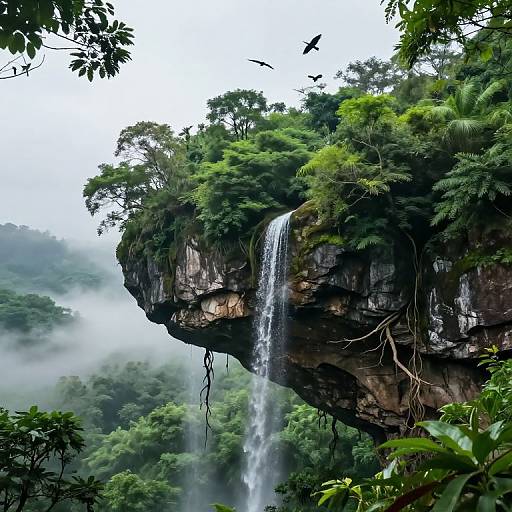 Photograph of a lush tropical waterfall cascading from a rocky cliff covered in dense green foliage, surrounded by misty forest.