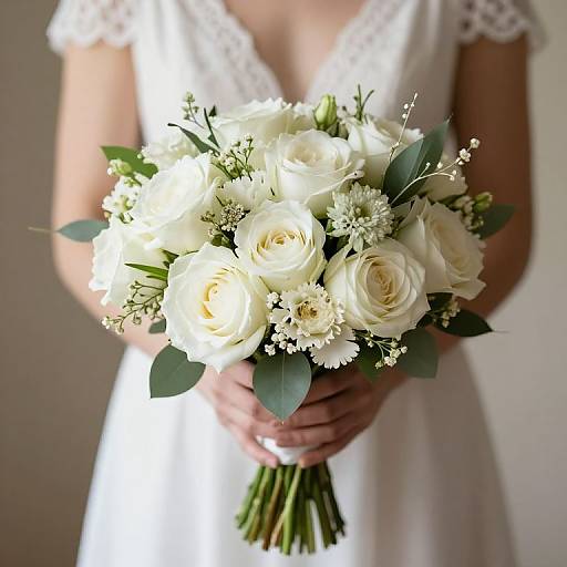 Photograph of a bride in a white lace dress holding a bouquet of white roses, baby's breath, and green leaves.